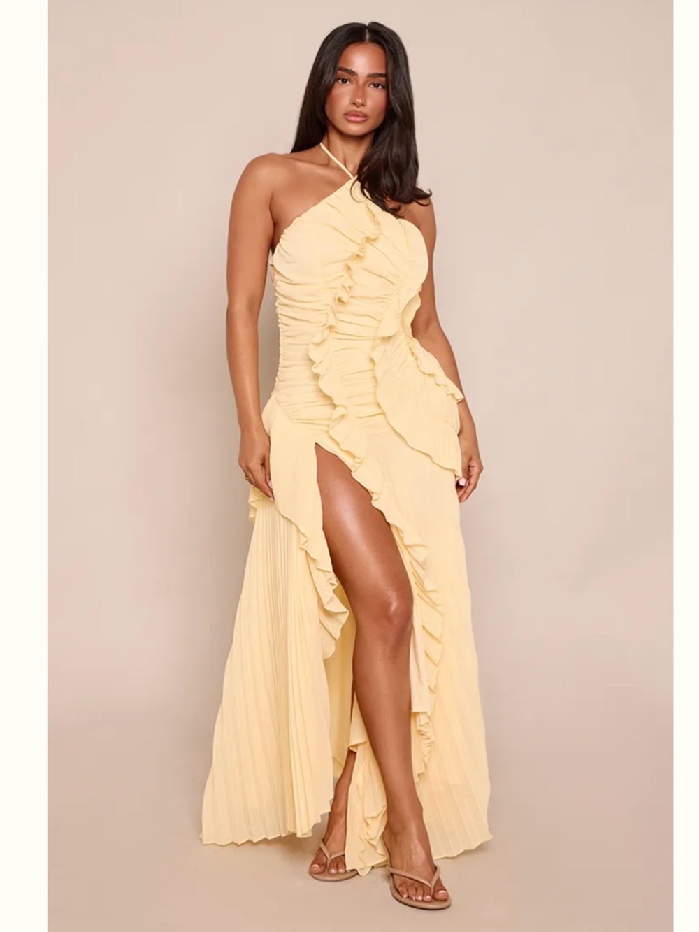 PrettyLittleThing Pale Yellow One-Shoulder Ruffle Slit Maxi Dress